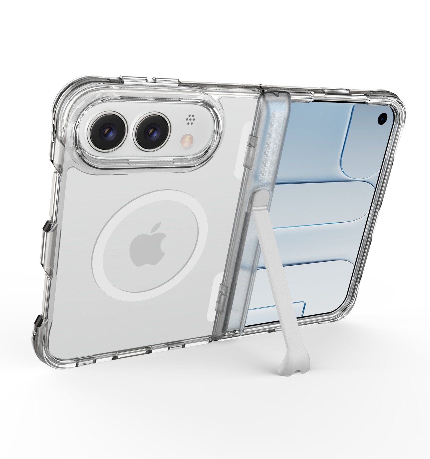 iFunSmart clear MagSafe kickstand case - precision hinge, integrated kickstand, MagSafe ring and airbag corners